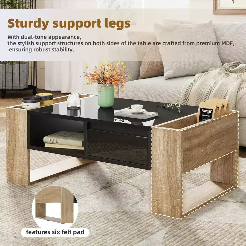 Table basse brillante avec 2 tiroirs