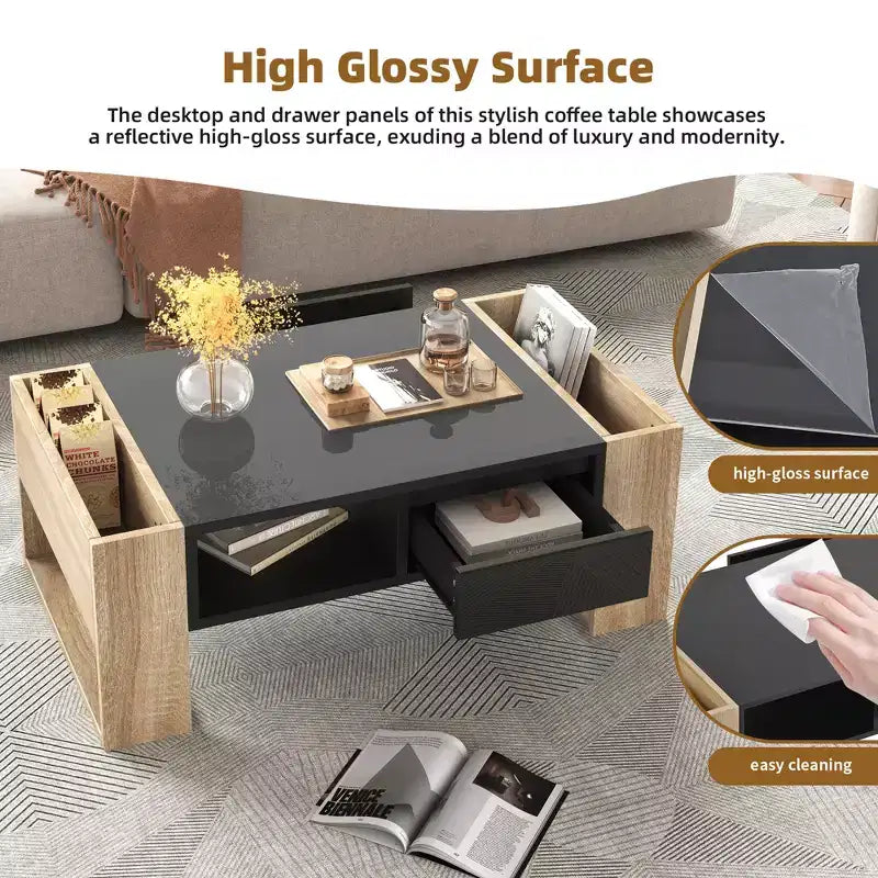 Table basse brillante avec 2 tiroirs