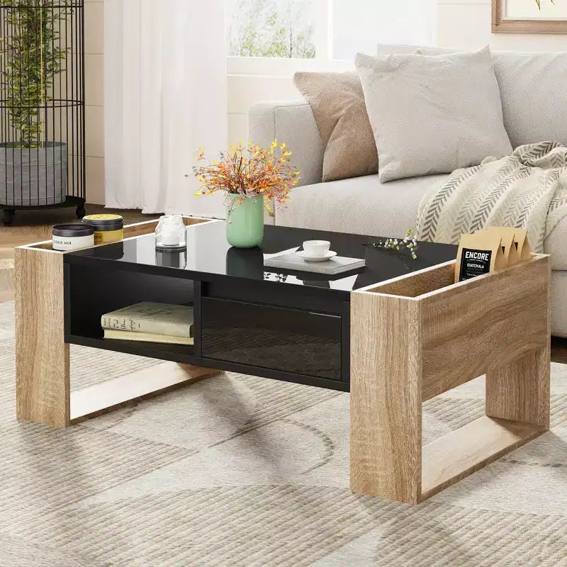 41W High Glossy Coffee Table Cocktail Table Center Table with 2 Drawers, Storage Shelf and Side Storage Compartments, Natural+White/Black-ModernLuxe
