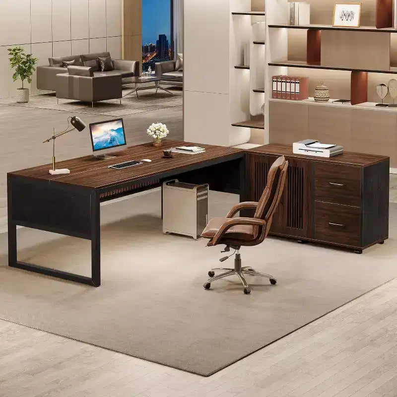 Bureau de direction en L, grand bureau informatique moderne avec mobile
