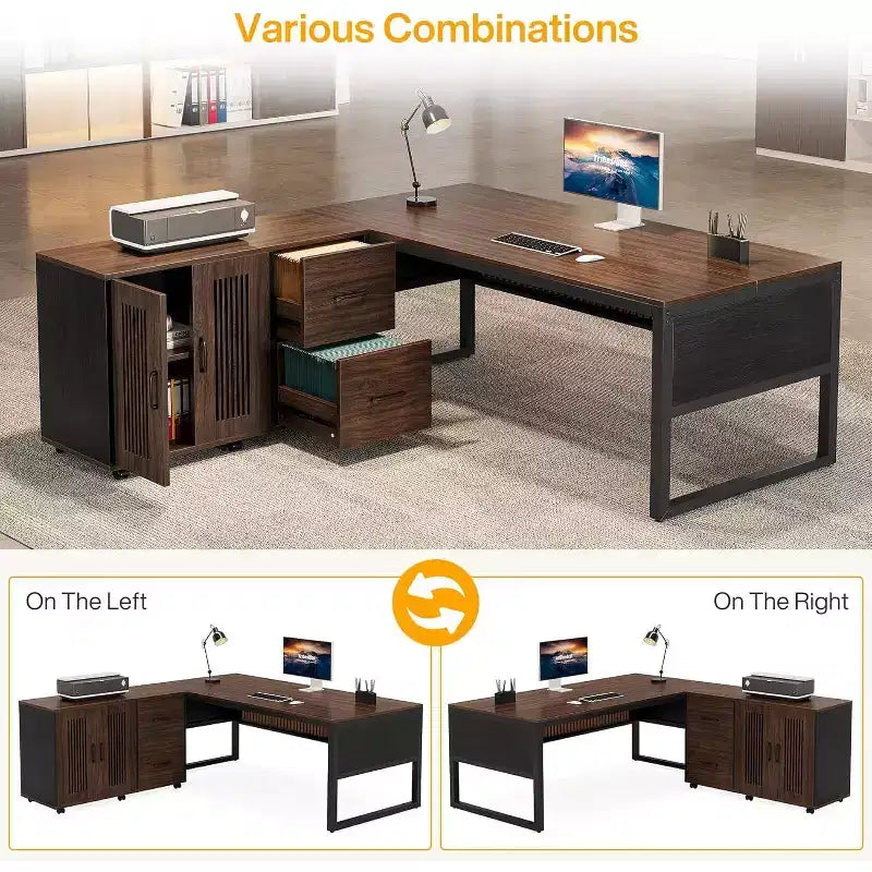 Bureau de direction en L, grand bureau informatique moderne avec mobile