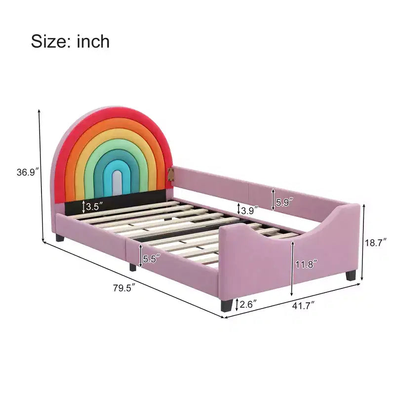 Lit plateforme rembourré double avec tête de lit motif arc-en-ciel, lit de princesse au style mignon