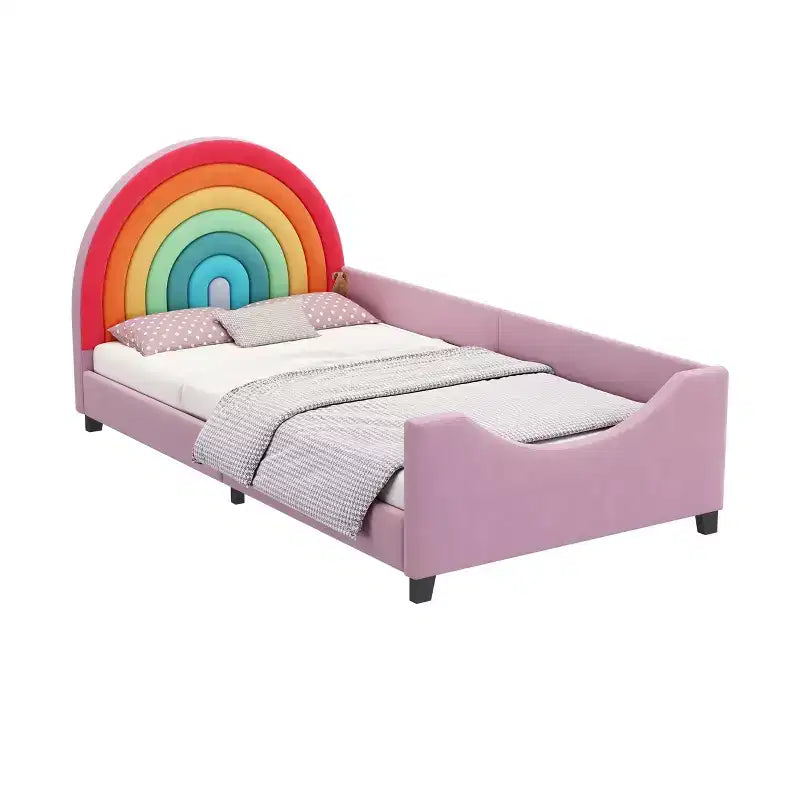 Lit plateforme rembourré double avec tête de lit motif arc-en-ciel, lit de princesse au style mignon