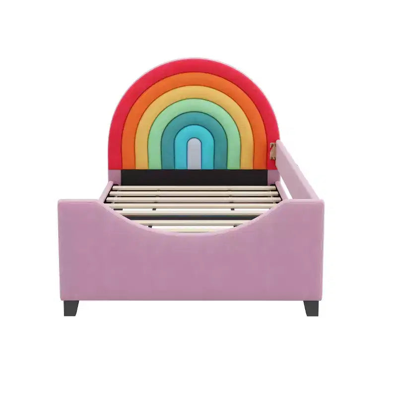 Lit plateforme rembourré double avec tête de lit motif arc-en-ciel, lit de princesse au style mignon