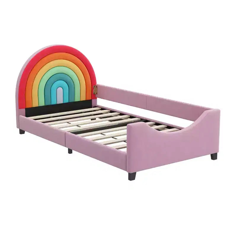 Lit plateforme rembourré double avec tête de lit motif arc-en-ciel, lit de princesse au style mignon