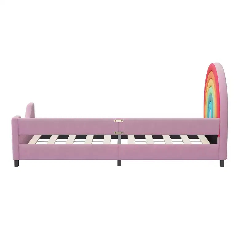 Lit plateforme rembourré double avec tête de lit motif arc-en-ciel, lit de princesse au style mignon