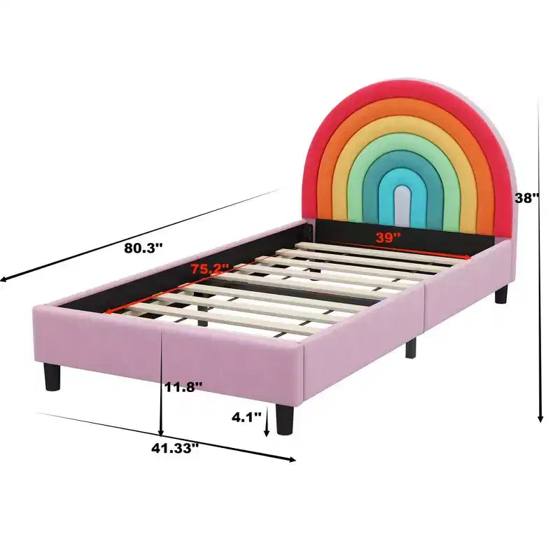 Lit plateforme rembourré double avec tête de lit motif arc-en-ciel, lit de princesse au style mignon