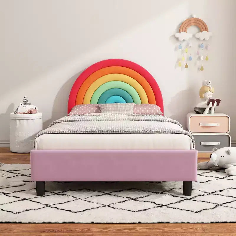 Lit plateforme rembourré double avec tête de lit motif arc-en-ciel, lit de princesse au style mignon