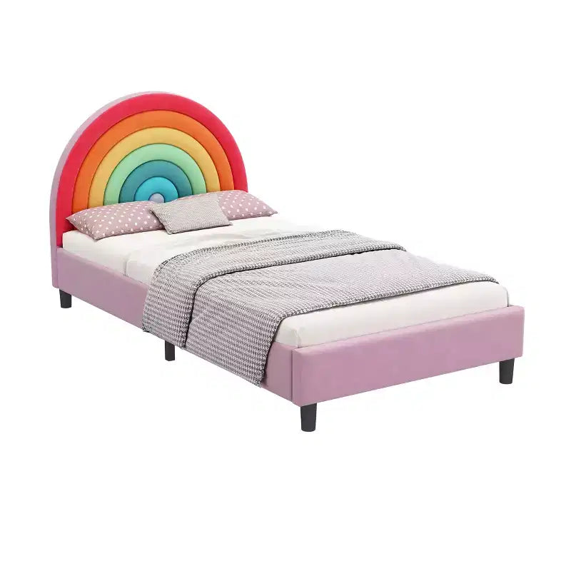 Lit plateforme rembourré double avec tête de lit motif arc-en-ciel, lit de princesse au style mignon