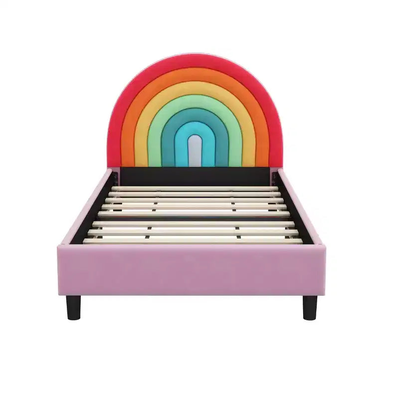 Lit plateforme rembourré double avec tête de lit motif arc-en-ciel, lit de princesse au style mignon