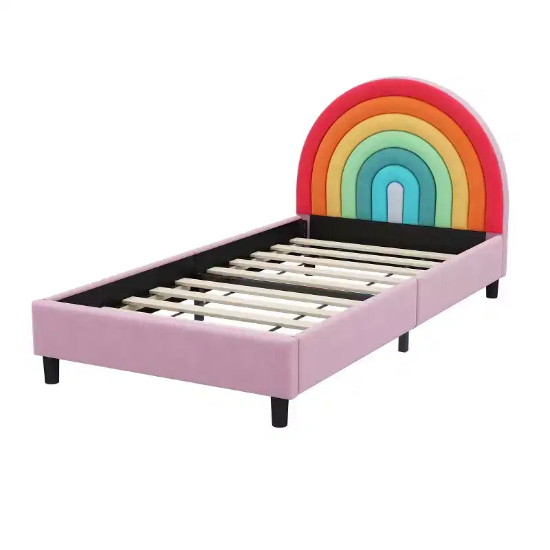 Lit plateforme rembourré double avec tête de lit motif arc-en-ciel, lit de princesse au style mignon