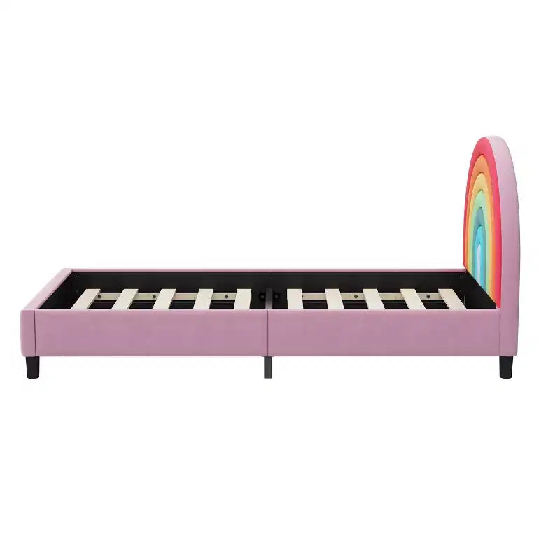 Lit plateforme rembourré double avec tête de lit motif arc-en-ciel, lit de princesse au style mignon