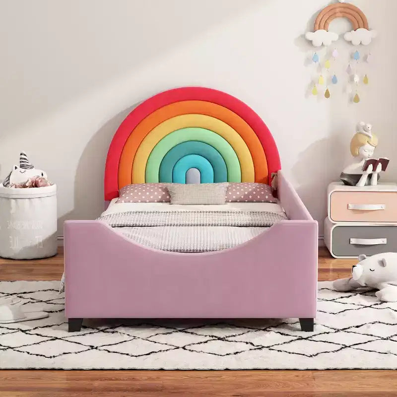 Lit plateforme rembourré double avec tête de lit motif arc-en-ciel, lit de princesse au style mignon