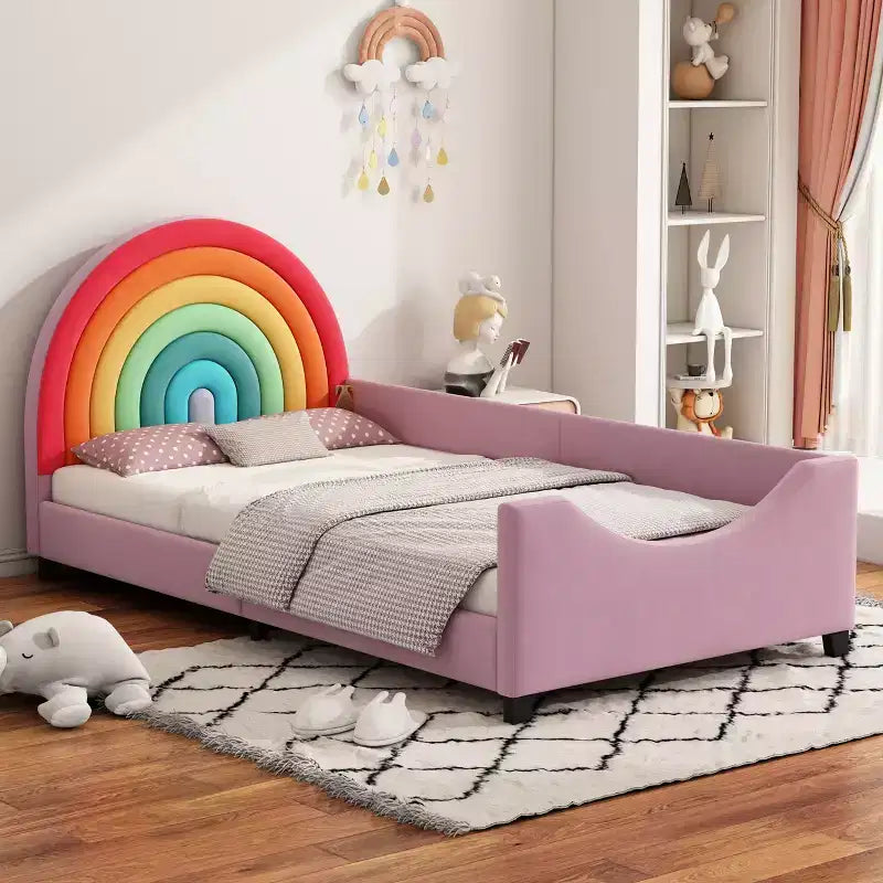 Lit plateforme rembourré double avec tête de lit motif arc-en-ciel, lit de princesse au style mignon