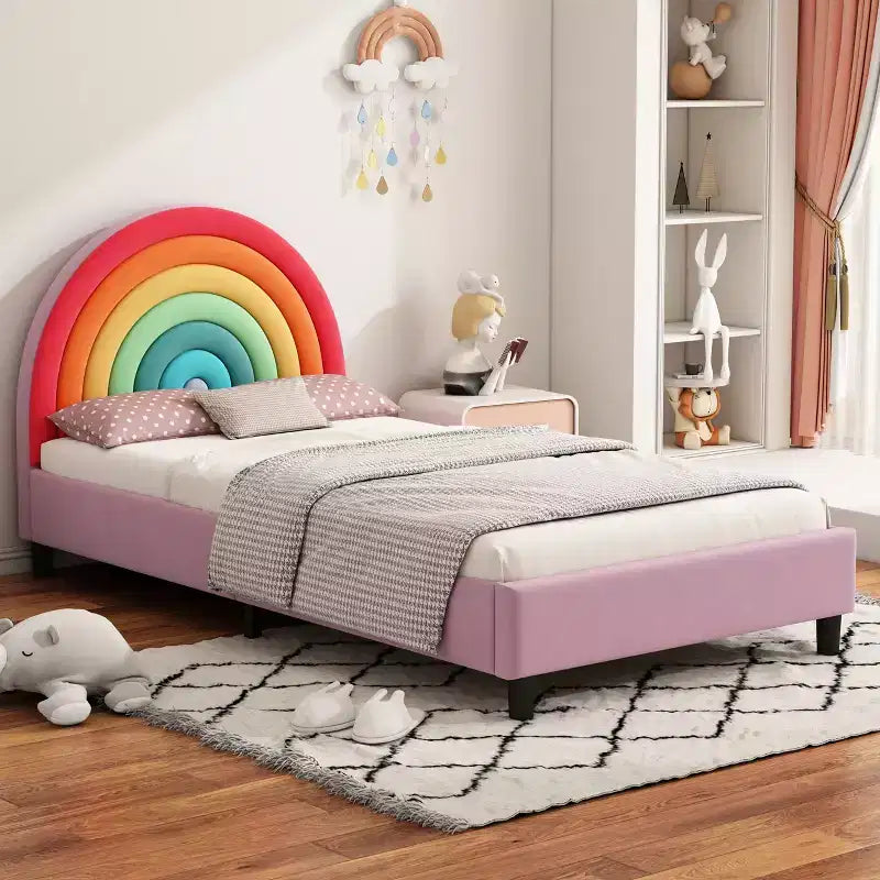 Twin Size Upholstered Platform Bed with Rainbow Design Headboard, Cute Style Princess Bed for Boys &amp; Girls, Teens, Colorful &amp; Pink-ModernLuxe