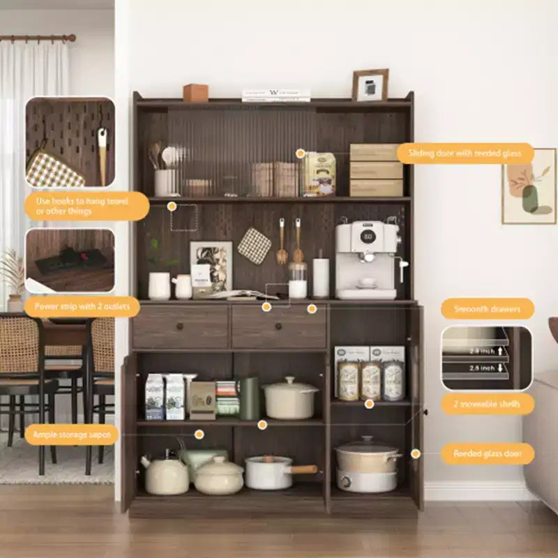 Meuble de rangement de cuisine, grande armoire de rangement avec portes en verre cannelé
