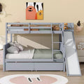 Twin over Full Bunk Bed with 2 Drawers, Shelves, Slide, Ladder, Safety Guardrails and Rubber Wood Frame, White/Grey-ModernLuxe