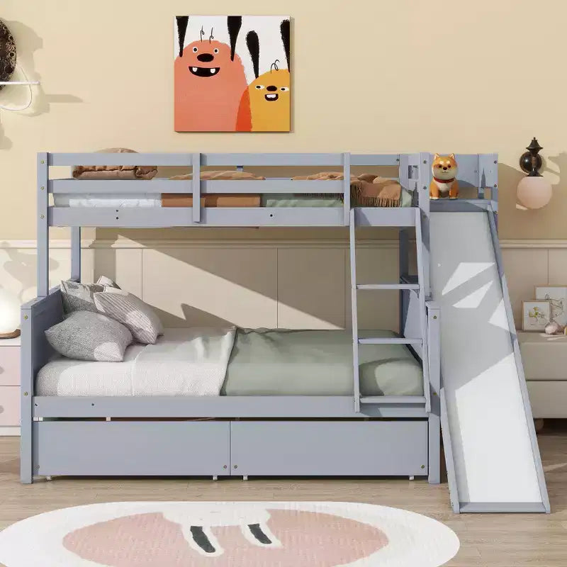Twin over Full Bunk Bed with 2 Drawers, Shelves, Slide, Ladder, Safety Guardrails and Rubber Wood Frame, White/Grey-ModernLuxe