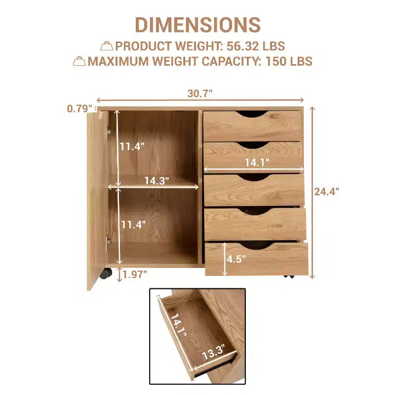 Meuble de classement de bureau à 5 tiroirs avec étagères, Meubles de classement en bois