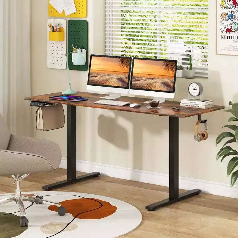 Bureau assis-debout réglable en hauteur électrique naturel/marron/blanc