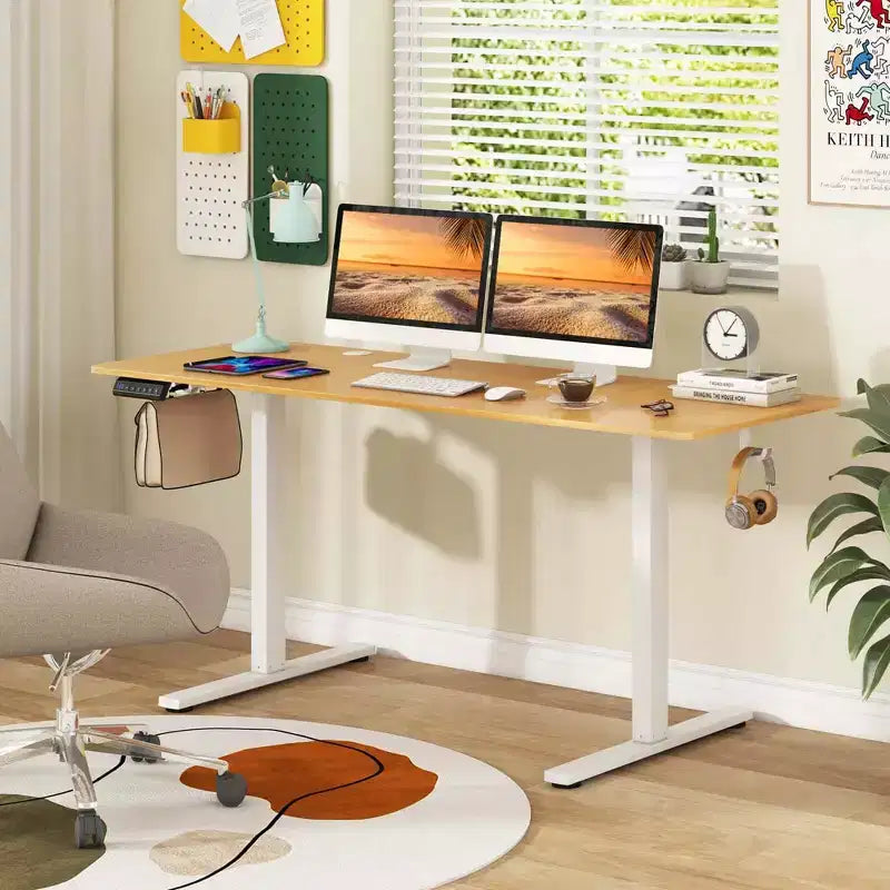 Bureau assis-debout réglable en hauteur électrique naturel/marron/blanc