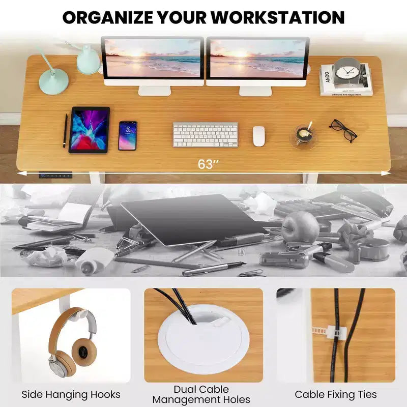 Bureau assis-debout réglable en hauteur électrique naturel/marron/blanc