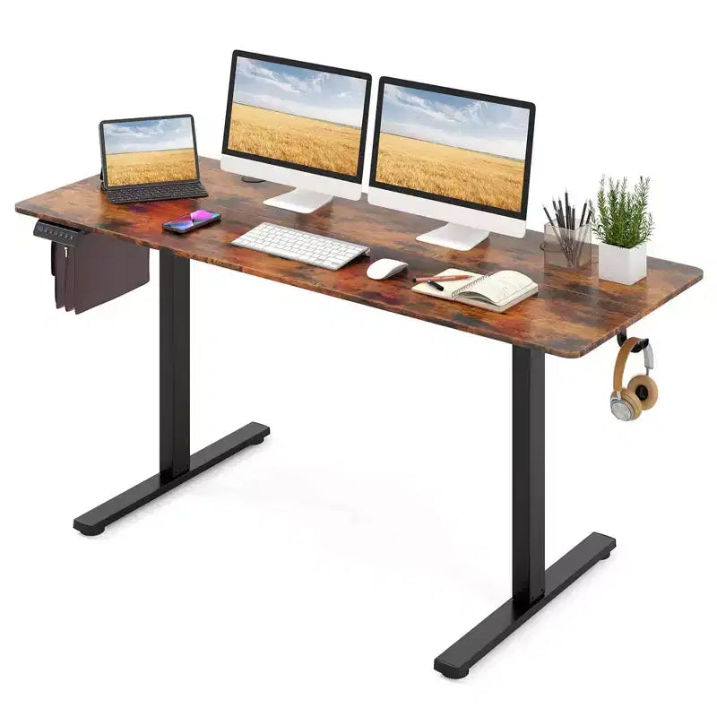 Bureau assis-debout réglable en hauteur électrique naturel/marron/blanc