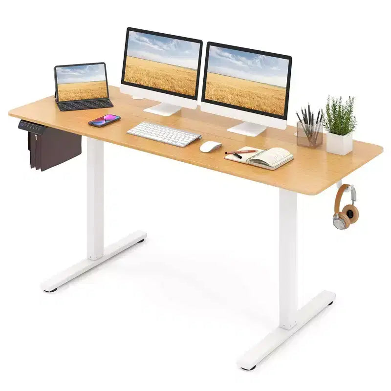 Bureau assis-debout réglable en hauteur électrique naturel/marron/blanc
