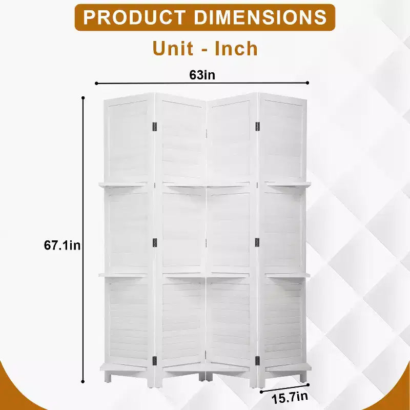 Paravent pliable en bois à 4 panneaux avec 3 étagères astucieuses