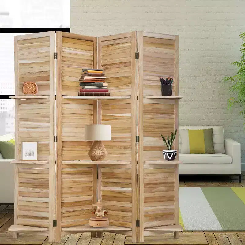 Paravent pliable en bois à 4 panneaux avec 3 étagères astucieuses