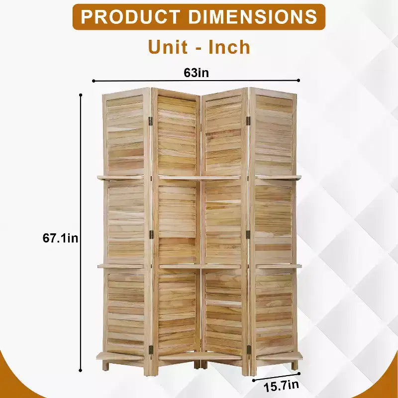 Paravent pliable en bois à 4 panneaux avec 3 étagères astucieuses