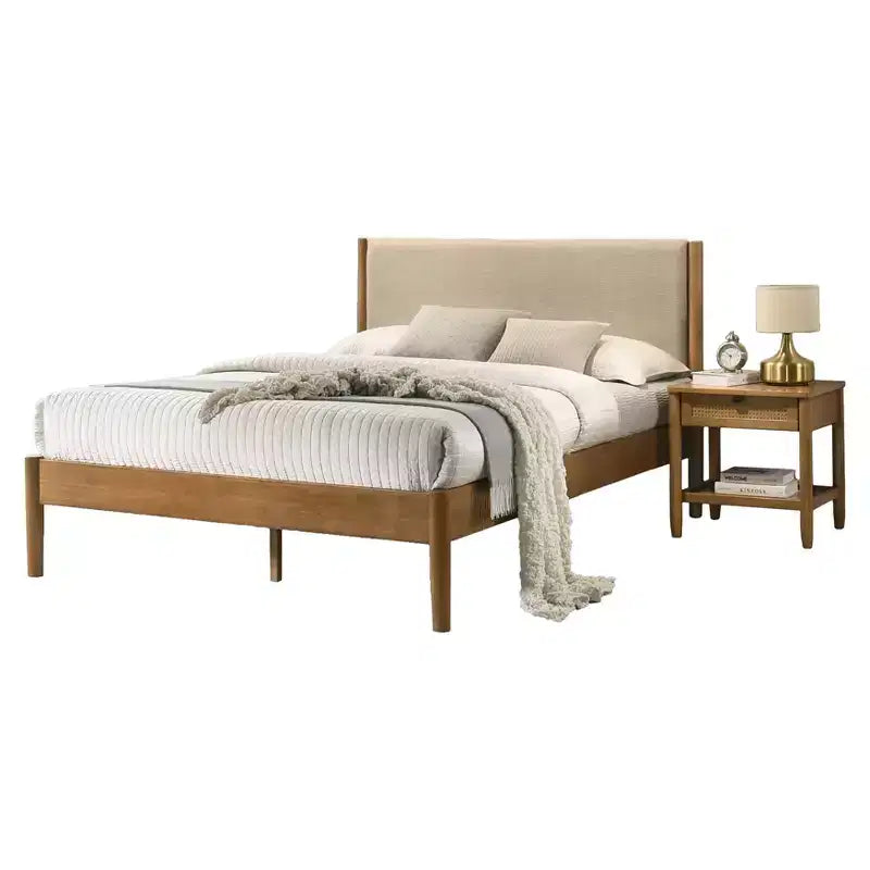 Lit plateforme de chambre en bois d'hévéa avec table de chevet