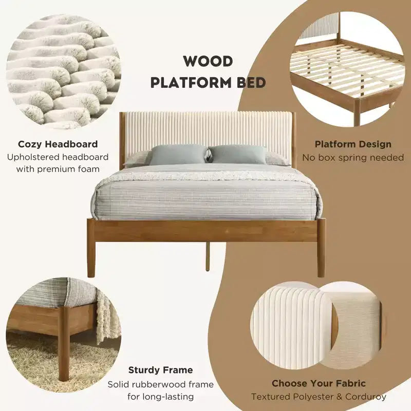 Lit plateforme de chambre en bois d'hévéa avec table de chevet