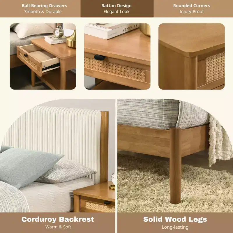 Lit plateforme de chambre en bois d'hévéa avec table de chevet