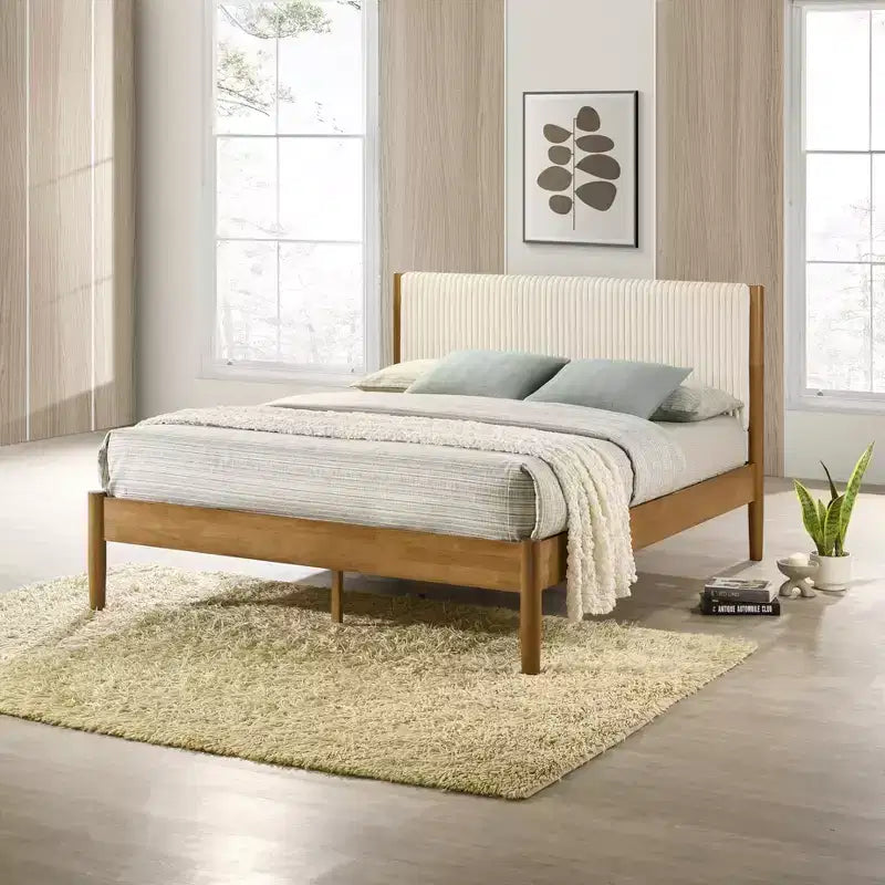Lit plateforme de chambre en bois d'hévéa avec table de chevet