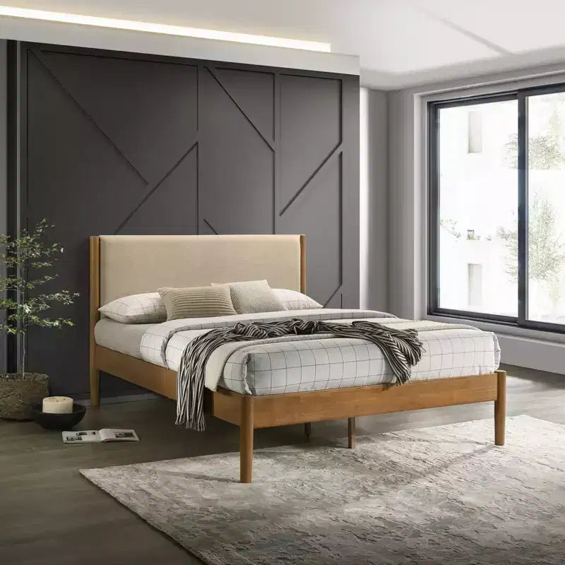Lit plateforme de chambre en bois d'hévéa avec table de chevet