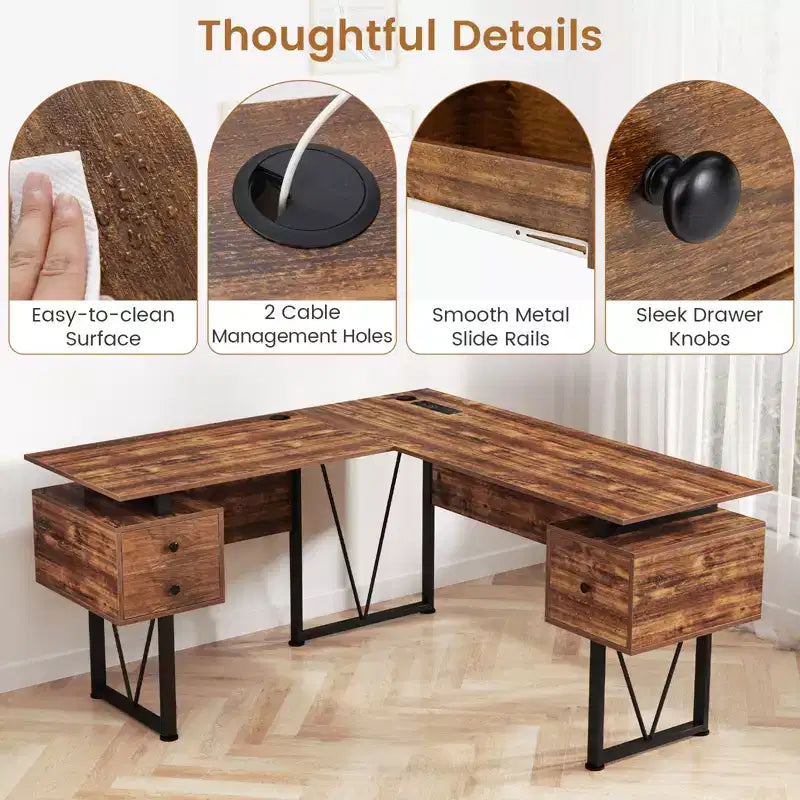 Bureau d'angle en forme de L avec prises électriques et 3 tiroirs de rangement