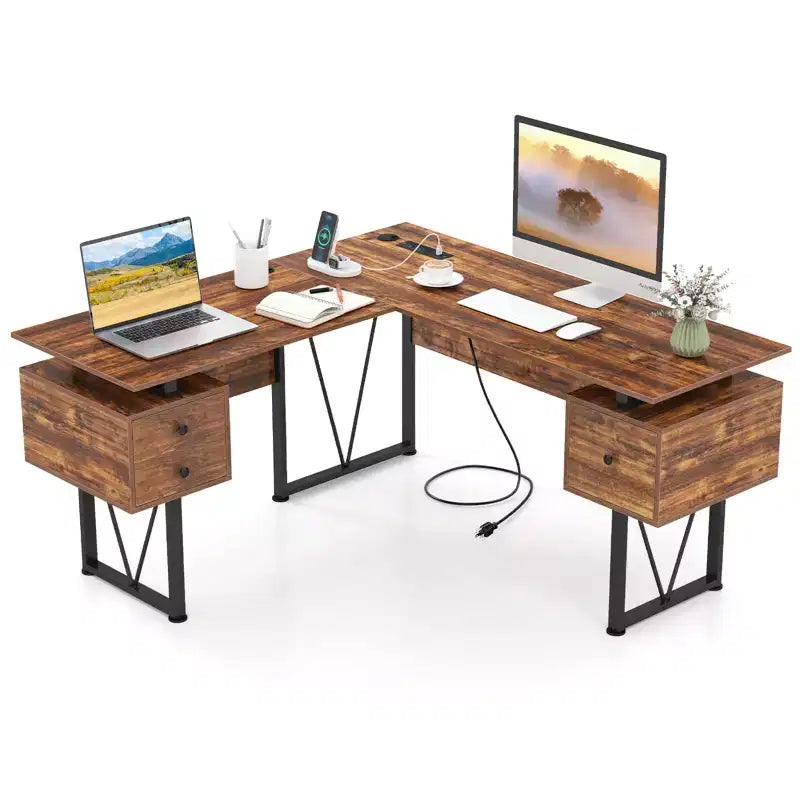 Bureau d'angle en forme de L avec prises électriques et 3 tiroirs de rangement