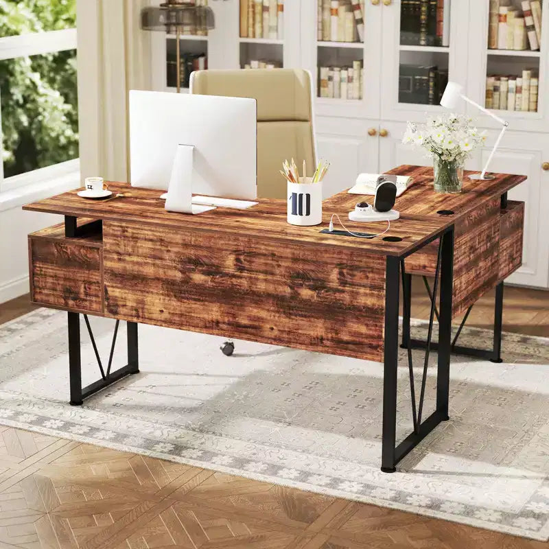 Bureau d'angle en forme de L avec prises électriques et 3 tiroirs de rangement