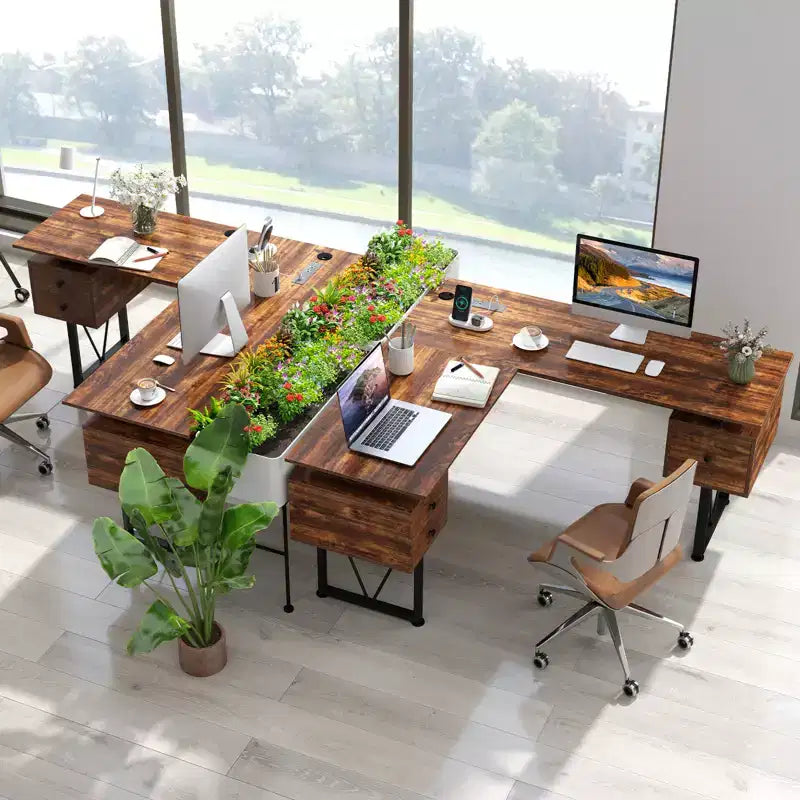 Bureau d'angle en forme de L avec prises électriques et 3 tiroirs de rangement