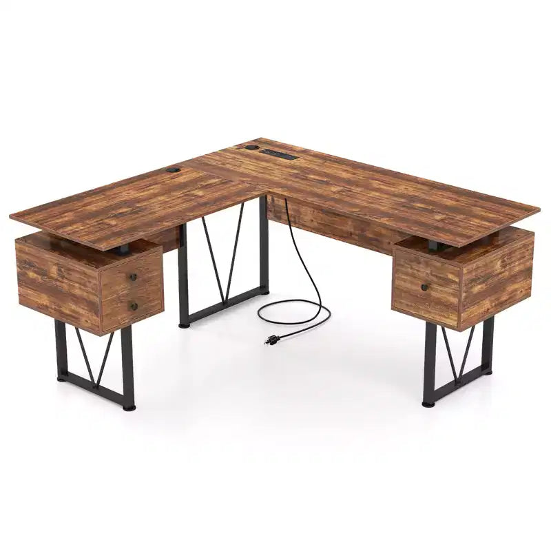 Bureau d'angle en forme de L avec prises électriques et 3 tiroirs de rangement