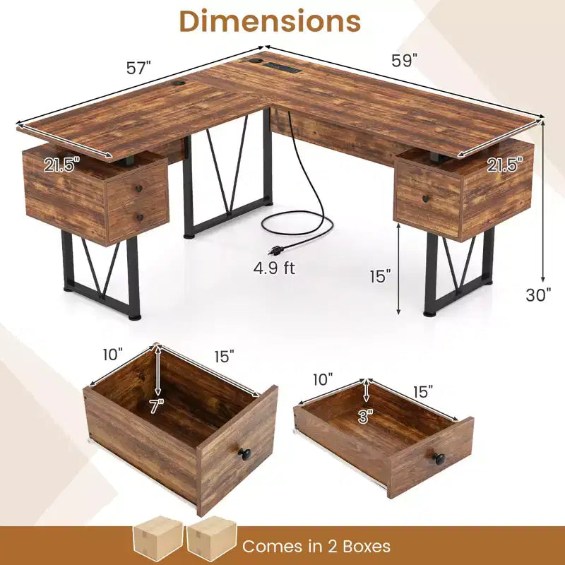 Bureau d'angle en forme de L avec prises électriques et 3 tiroirs de rangement