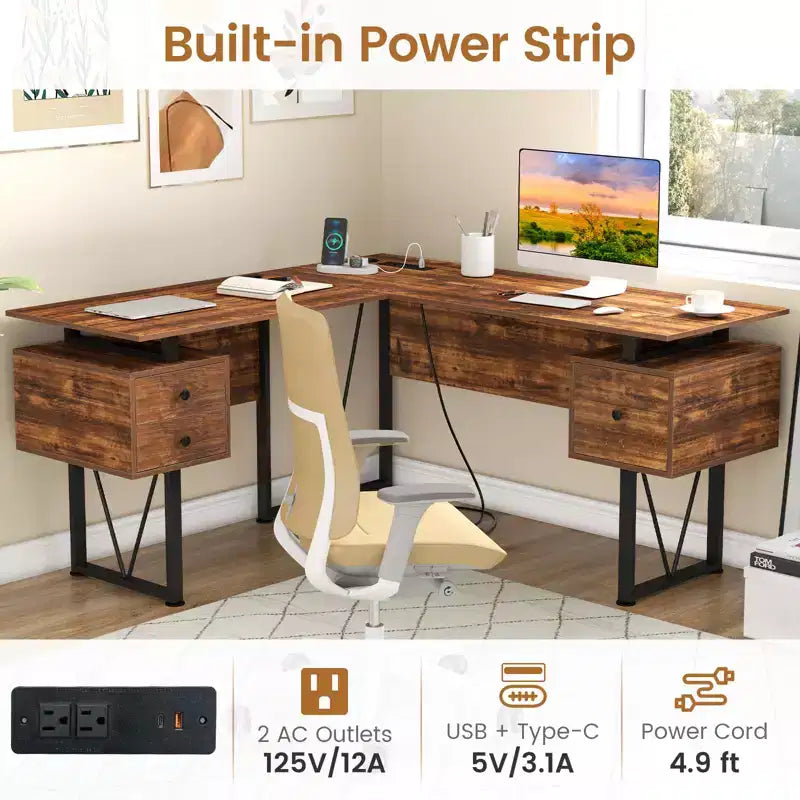 Bureau d'angle en forme de L avec prises électriques et 3 tiroirs de rangement