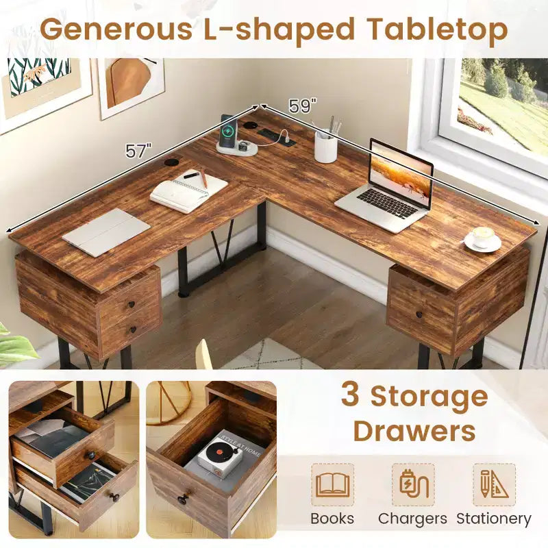 Bureau d'angle en forme de L avec prises électriques et 3 tiroirs de rangement