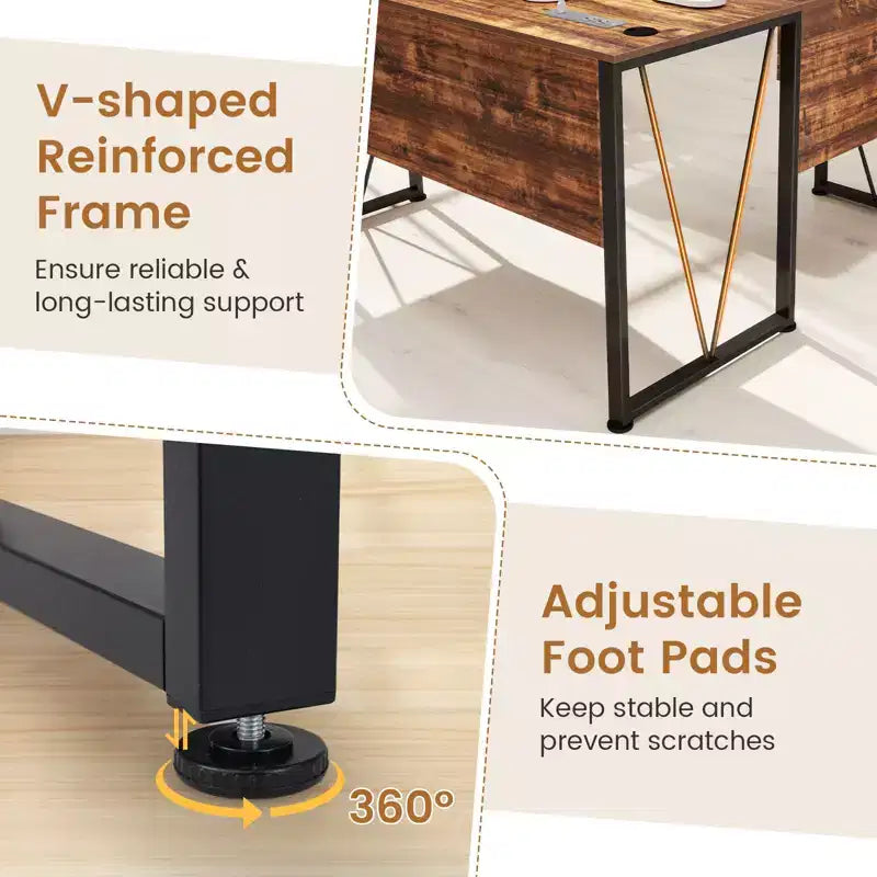Bureau d'angle en forme de L avec prises électriques et 3 tiroirs de rangement