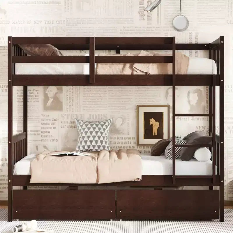 Whisen Convertible Rubber Wood Bunk Bed with 2 Drawers, Ladder and Safety Guardrails
