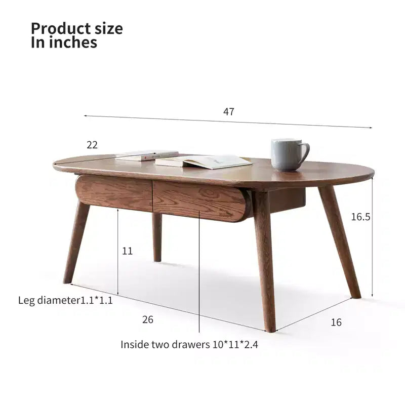 Table basse ovale en bois de chêne massif de 47 po de largeur avec deux tiroirs
