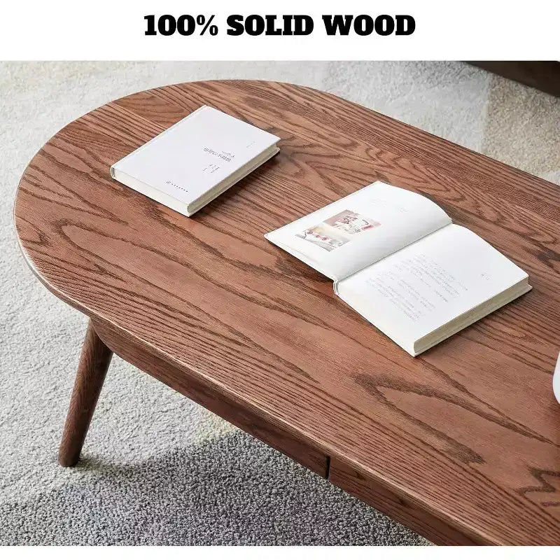 Table basse ovale en bois de chêne massif de 47 W avec deux tiroirs