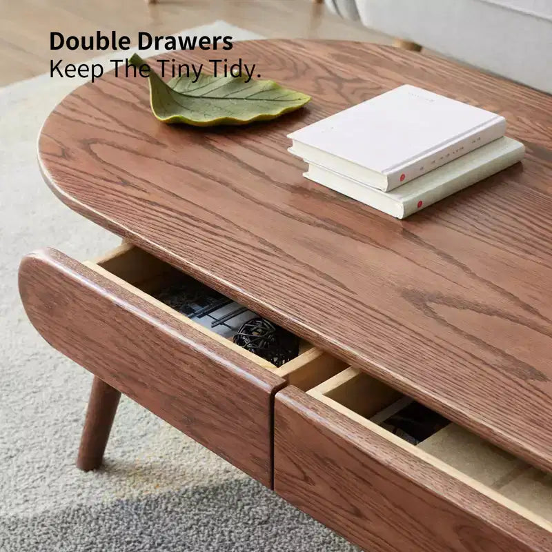Table basse ovale en bois de chêne massif de 47 W avec deux tiroirs