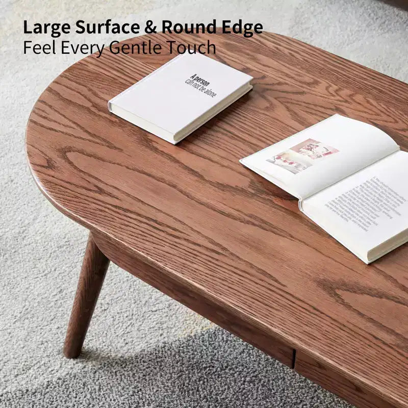 Table basse ovale en bois de chêne massif de 47 po de largeur avec deux tiroirs